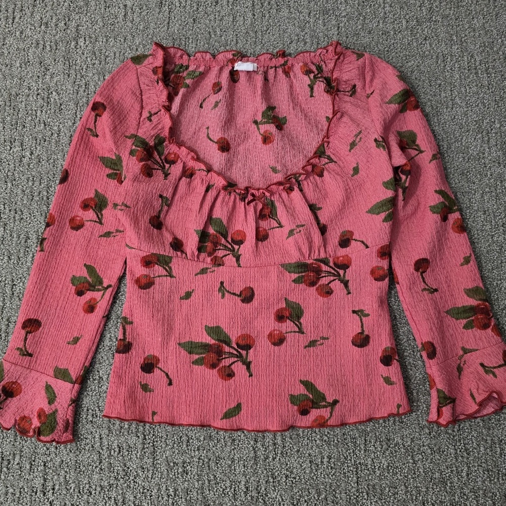 Kimchi‎ Blue On /Off Shoulder Top S Pink Cherry Print Ruffle Bell Sleeve Y2K